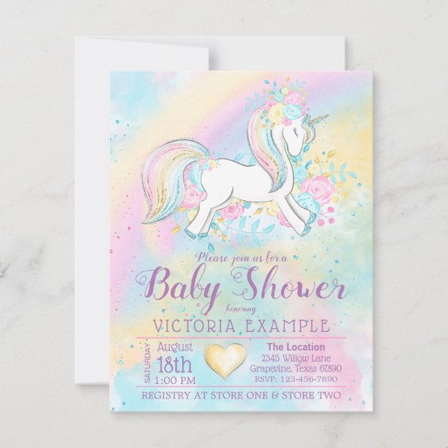 Rainbow Unicorn Baby Girl Shower Invitations (Front)