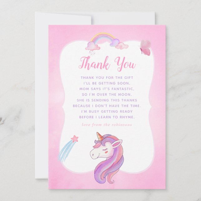 Rainbow Unicorn Baby Girl Shower Thank You Card (Front)