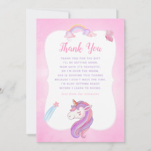 Rainbow Unicorn Baby Girl Shower Thank You Card