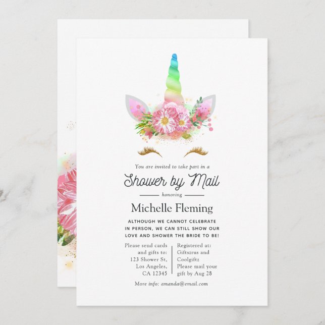Rainbow Unicorn Baby Shower by Mail Invitation (Front/Back)