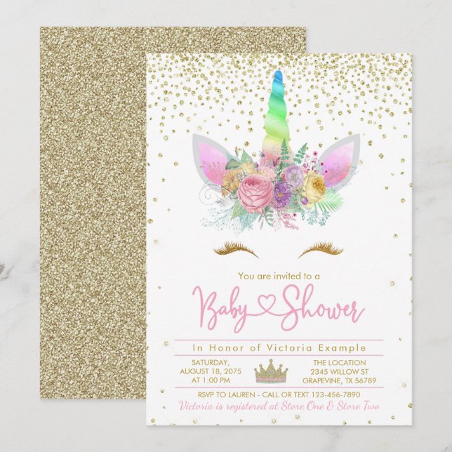 Rainbow Unicorn Baby Shower Invitation (Front/Back)