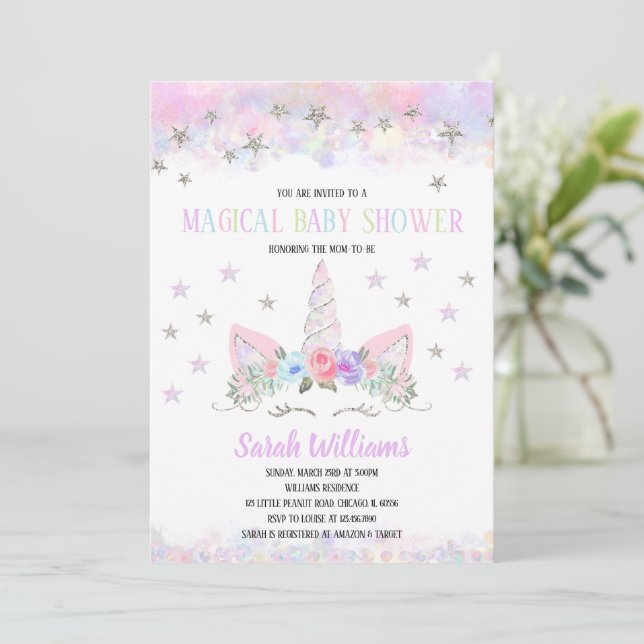 Rainbow Unicorn Baby Shower Invitation (Standing Front)