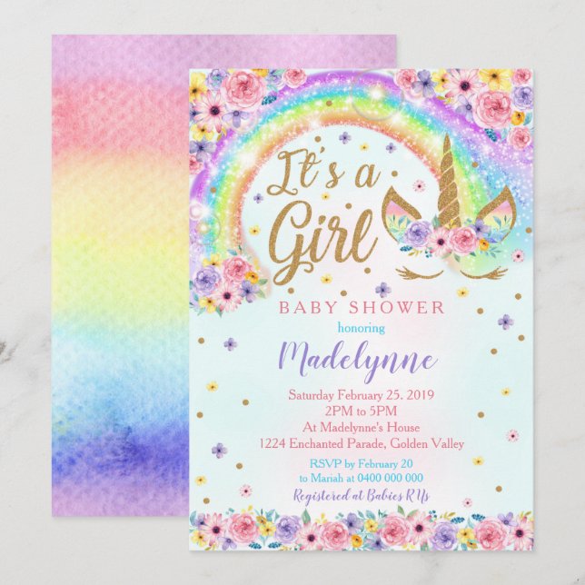 Rainbow Unicorn Baby Shower Invitation Girl (Front/Back)