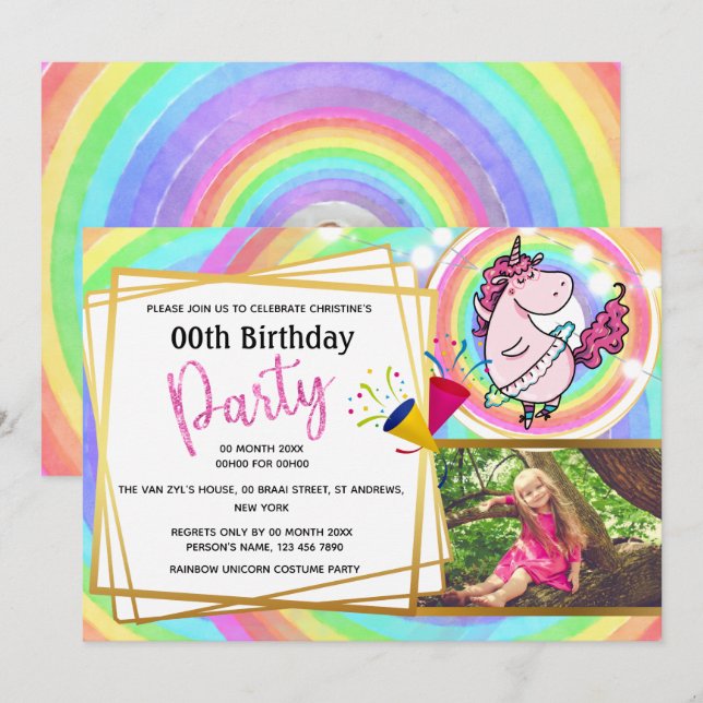 Rainbow unicorn ballerina 2 photo girls birthday invitation (Front/Back)