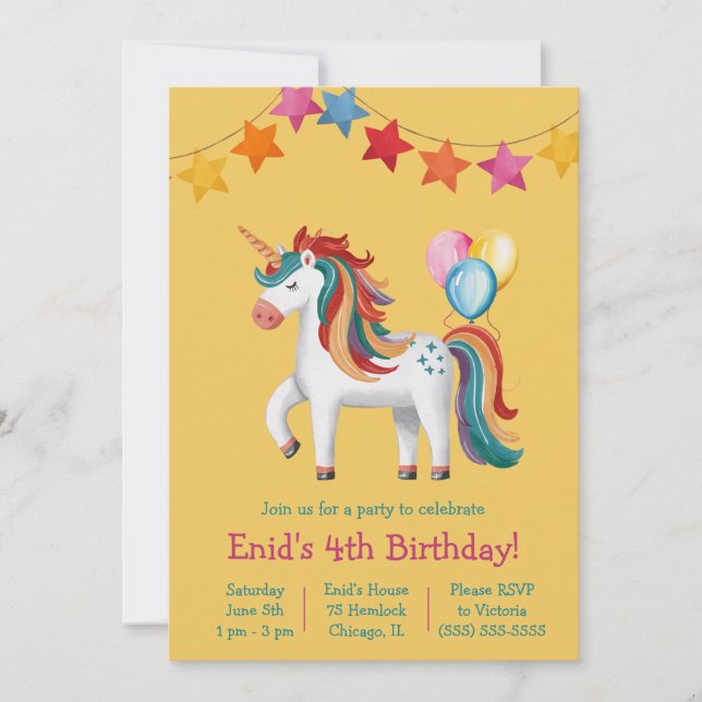 Rainbow Unicorn, Balloons & Banner Birthday Party Invitation (Front)