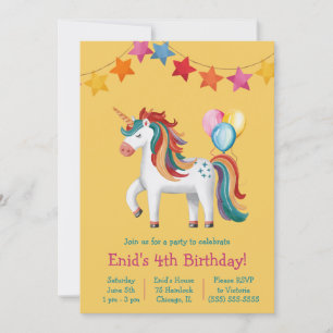 Rainbow Unicorn, Balloons & Banner Birthday Party Invitation