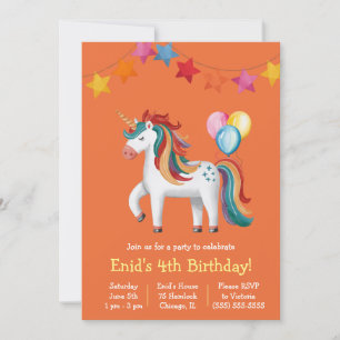 Rainbow Unicorn, Balloons & Banner Birthday Party Invitation