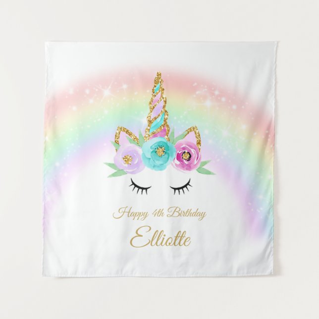 Rainbow unicorn birthday backdrop tapestry (Front)