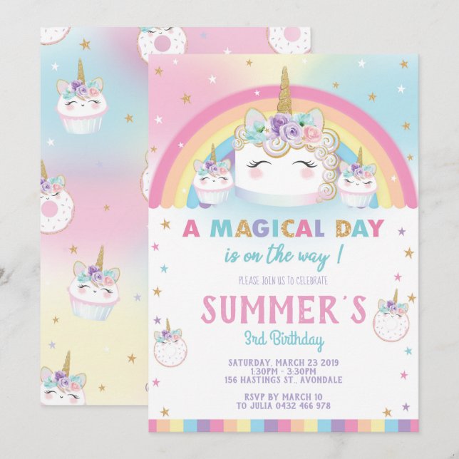 Rainbow Unicorn Birthday Cake Invitation Cupcake (Front/Back)