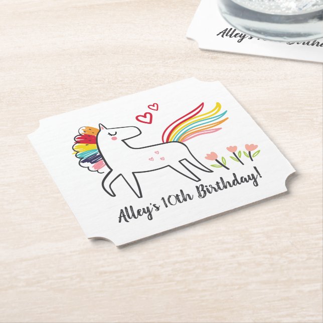 Rainbow Unicorn Birthday Custom Name Paper Coaster (Angled)