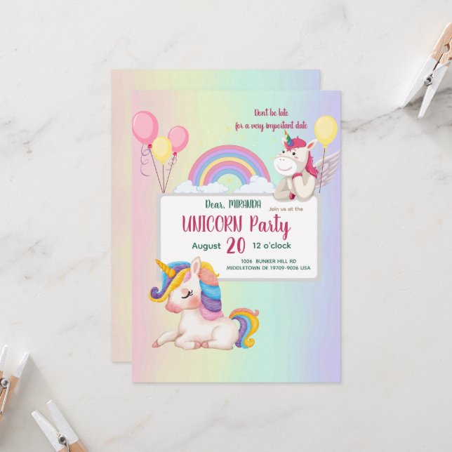 Rainbow unicorn birthday invitation (Front/Back In Situ)