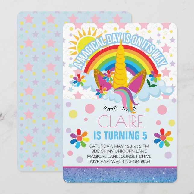 Rainbow Unicorn Birthday invitation (Front/Back)