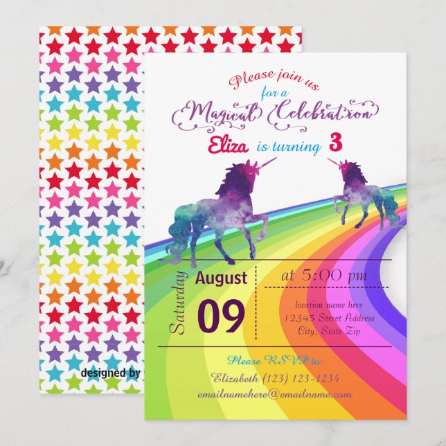Rainbow Unicorn - Birthday Invitation (Front/Back)