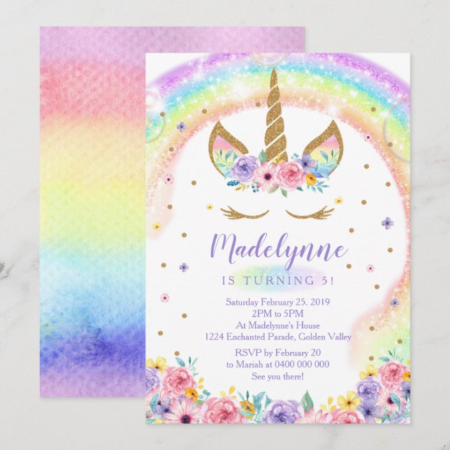 Rainbow Unicorn Birthday Invitation (Front/Back)