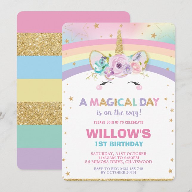 Rainbow Unicorn Birthday Invitation 1st Birthday (Front/Back)