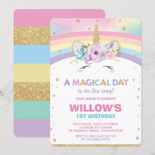 Rainbow Unicorn Birthday Invitation 1st Birthday