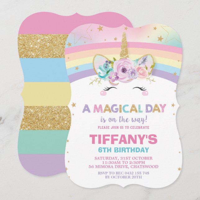 Rainbow Unicorn Birthday Invitation 1st Birthday (Front/Back)