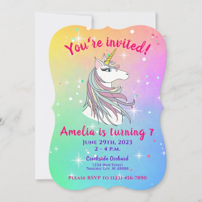 Rainbow Unicorn Birthday Invitation Card (Front)