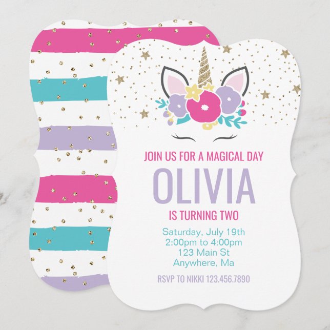 Rainbow Unicorn Birthday Invitation Pink and Gold (Front/Back)