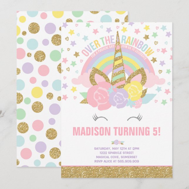 Rainbow Unicorn Birthday Invitation Pink Gold (Front/Back)