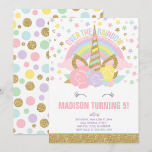 Rainbow Unicorn Birthday Invitation Pink Gold