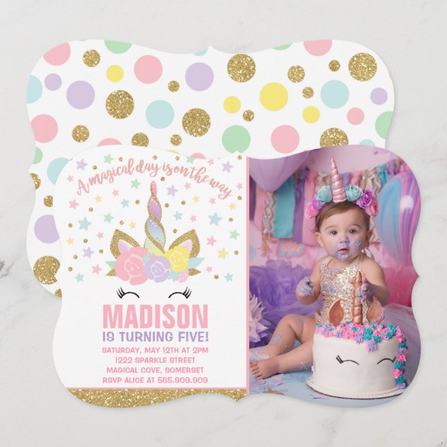 Rainbow Unicorn Birthday Invitation Pink Gold (Front/Back)