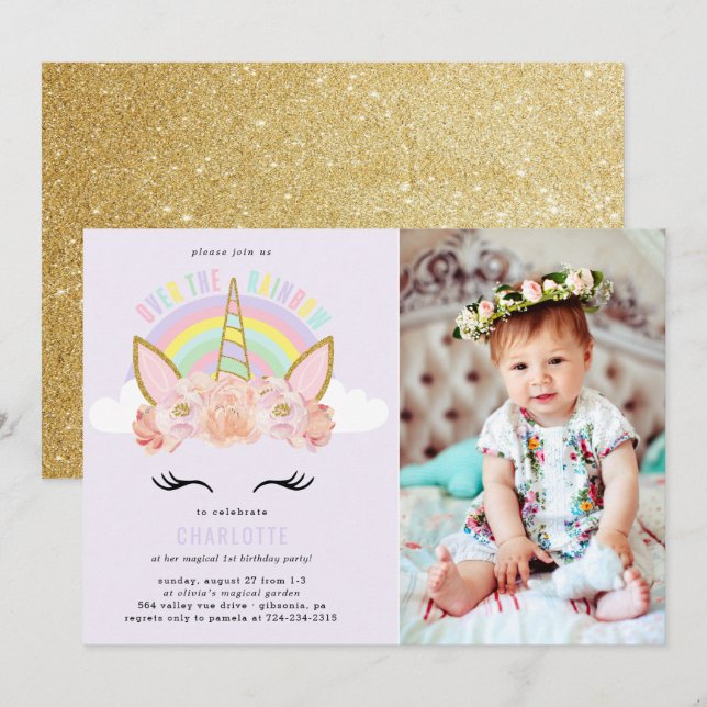 Rainbow Unicorn Birthday Invitation Pink Gold (Front/Back)