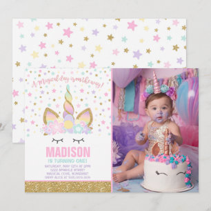 Rainbow Unicorn Birthday Invitation Pink Gold