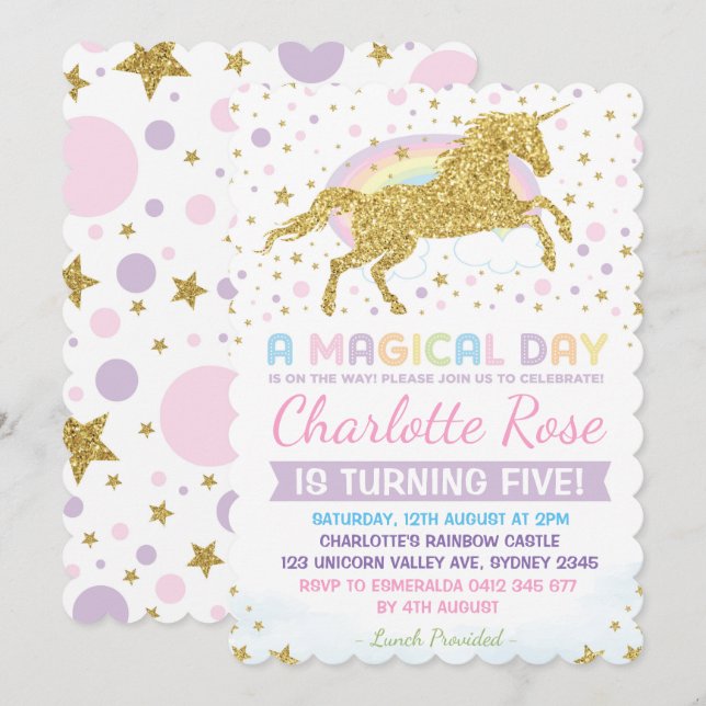 Rainbow Unicorn Birthday Invitation Pink Gold (Front/Back)