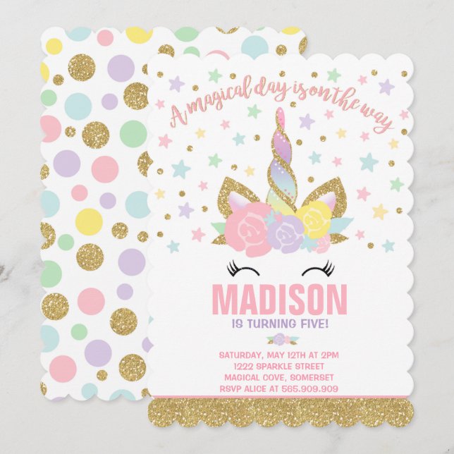 Rainbow Unicorn Birthday Invitation Pink Gold (Front/Back)