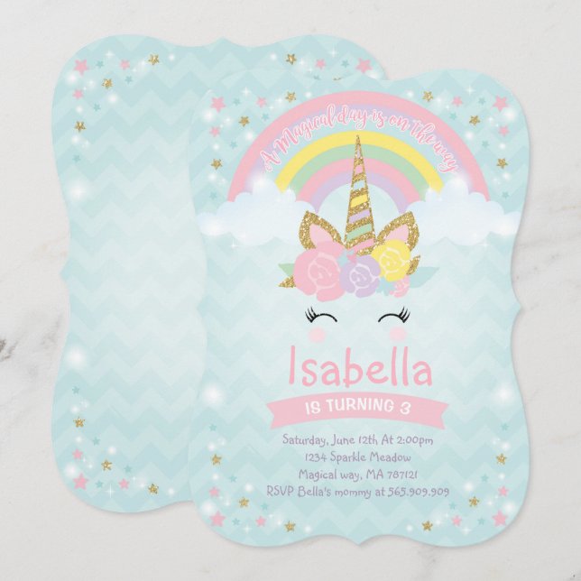 Rainbow Unicorn Birthday Invitation Pink Gold (Front/Back)