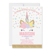 Rainbow Unicorn Birthday Invitation Pink Gold