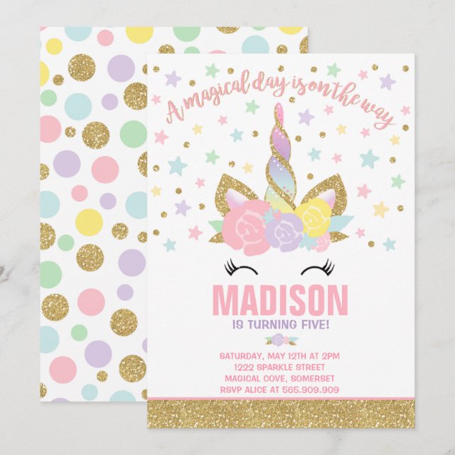 Rainbow Unicorn Birthday Invitation Pink Gold (Front/Back)