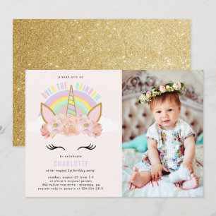 Rainbow Unicorn Birthday Invitation Pink Gold