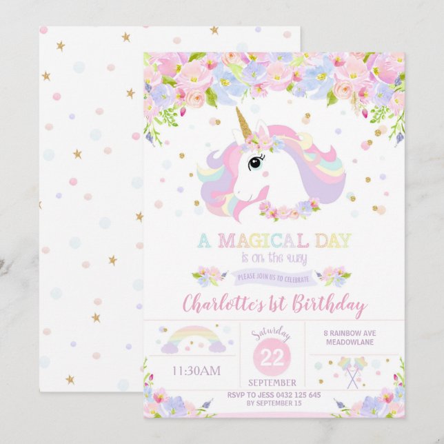 Rainbow Unicorn Birthday Invitation Pretty Floral (Front/Back)