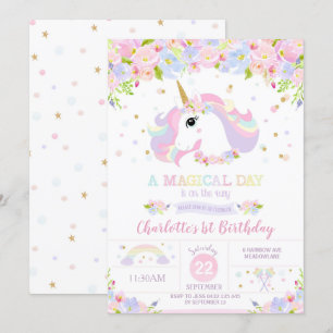 Rainbow Unicorn Birthday Invitation Pretty Floral