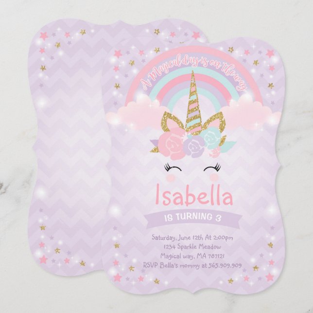Rainbow Unicorn Birthday Invitation Purple Gold (Front/Back)