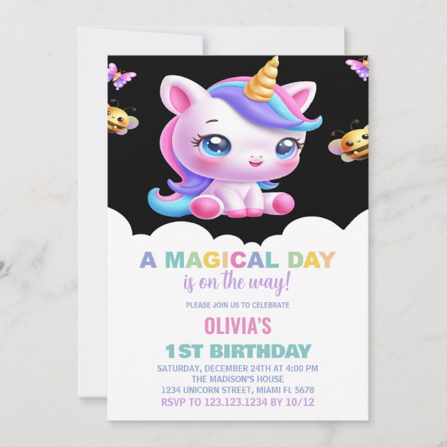Rainbow Unicorn Birthday Invitations (Front)