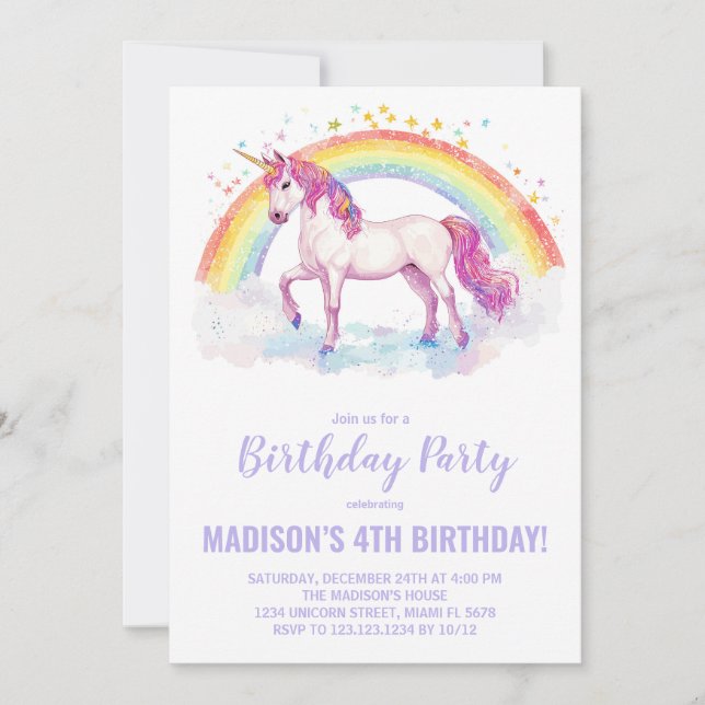 Rainbow Unicorn Birthday Invitations (Front)