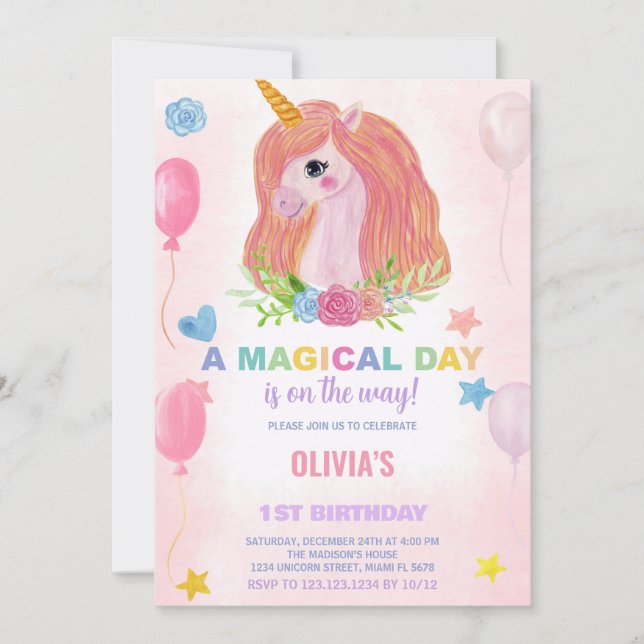Rainbow Unicorn Birthday Invitations (Front)