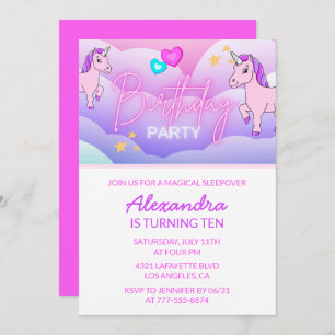 Rainbow Unicorn Birthday Invitations 10th Pink
