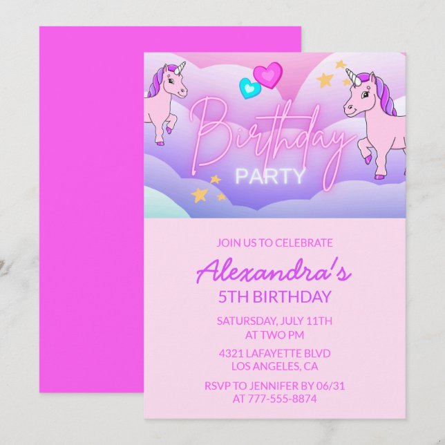 Rainbow Unicorn Birthday Invitations 5th Girl (Front/Back)