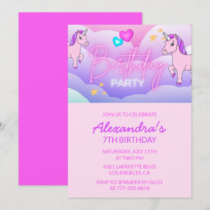 Rainbow Unicorn Birthday Invitations 7th Girl