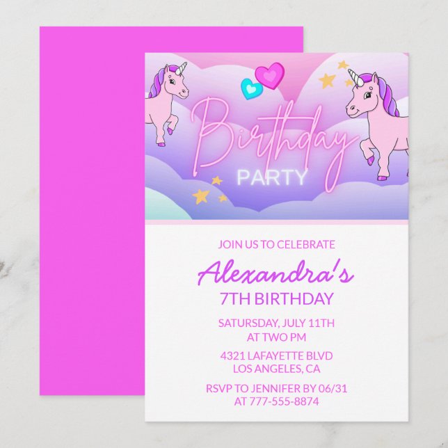 Rainbow Unicorn Birthday Invitations 7th Pink (Front/Back)