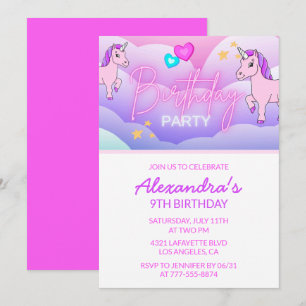 Rainbow Unicorn Birthday Invitations 9th Pink