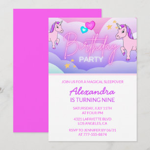 Rainbow Unicorn Birthday Invitations 9th Pink