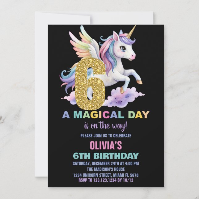 Rainbow Unicorn Birthday Invitations Fly (Front)