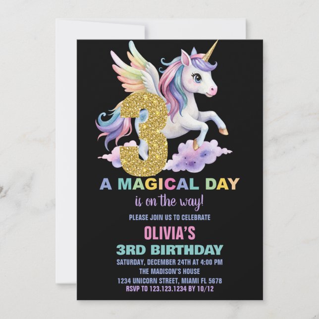 Rainbow Unicorn Birthday Invitations Fly (Front)