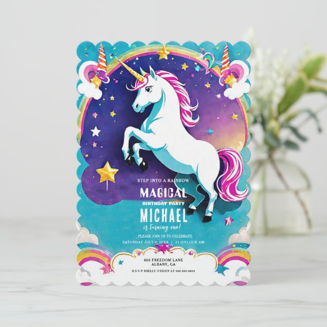 Rainbow Unicorn Birthday Invitations – Magical (Standing Front)