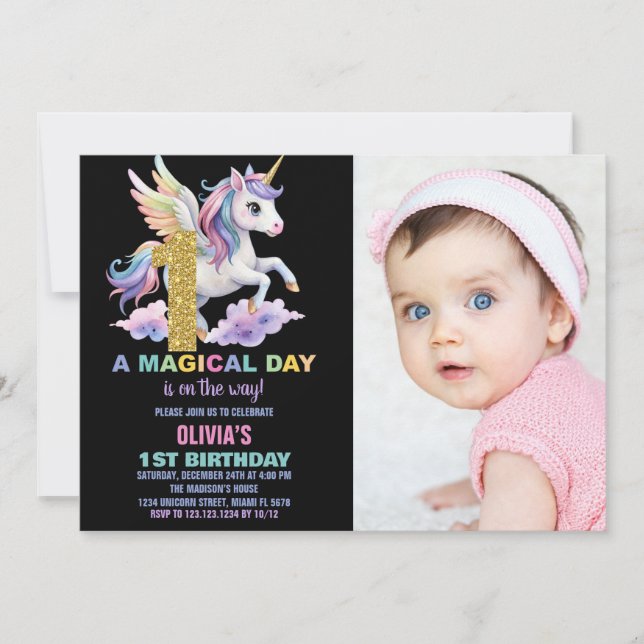Rainbow Unicorn Birthday Invitations w photo (Front)